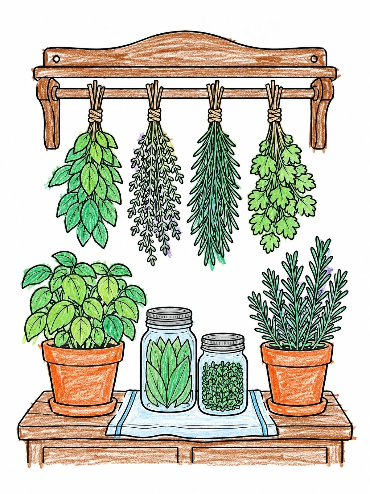 Colored example of the Kitchen Herbs And Drying Rack coloring page