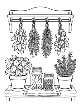 Free printable Kitchen Herbs And Drying Rack coloring page