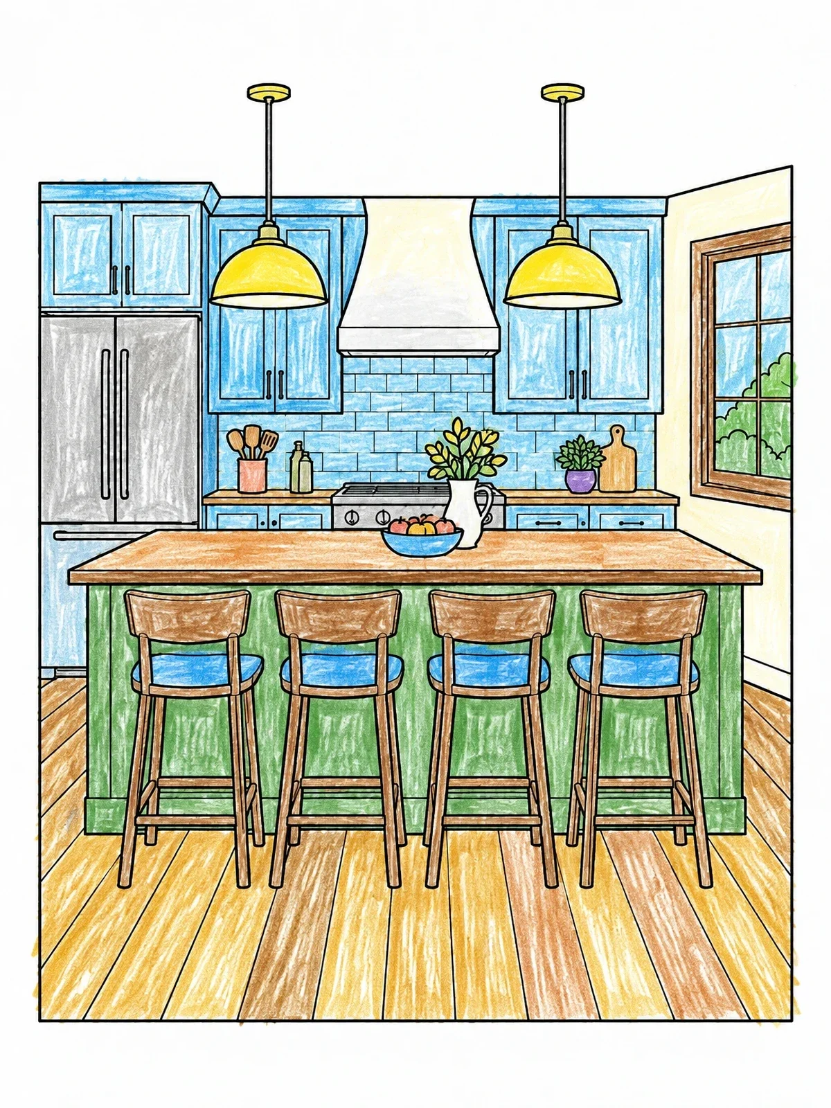 Colored example of the Kitchen Island With Bar Stools coloring page
