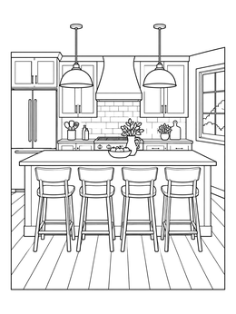 A cozy kitchen and dining room coloring page featuring tall counter stools and pendant lights.