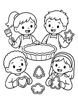 Cheerful children prepare pastries on this kitchen coloring page.