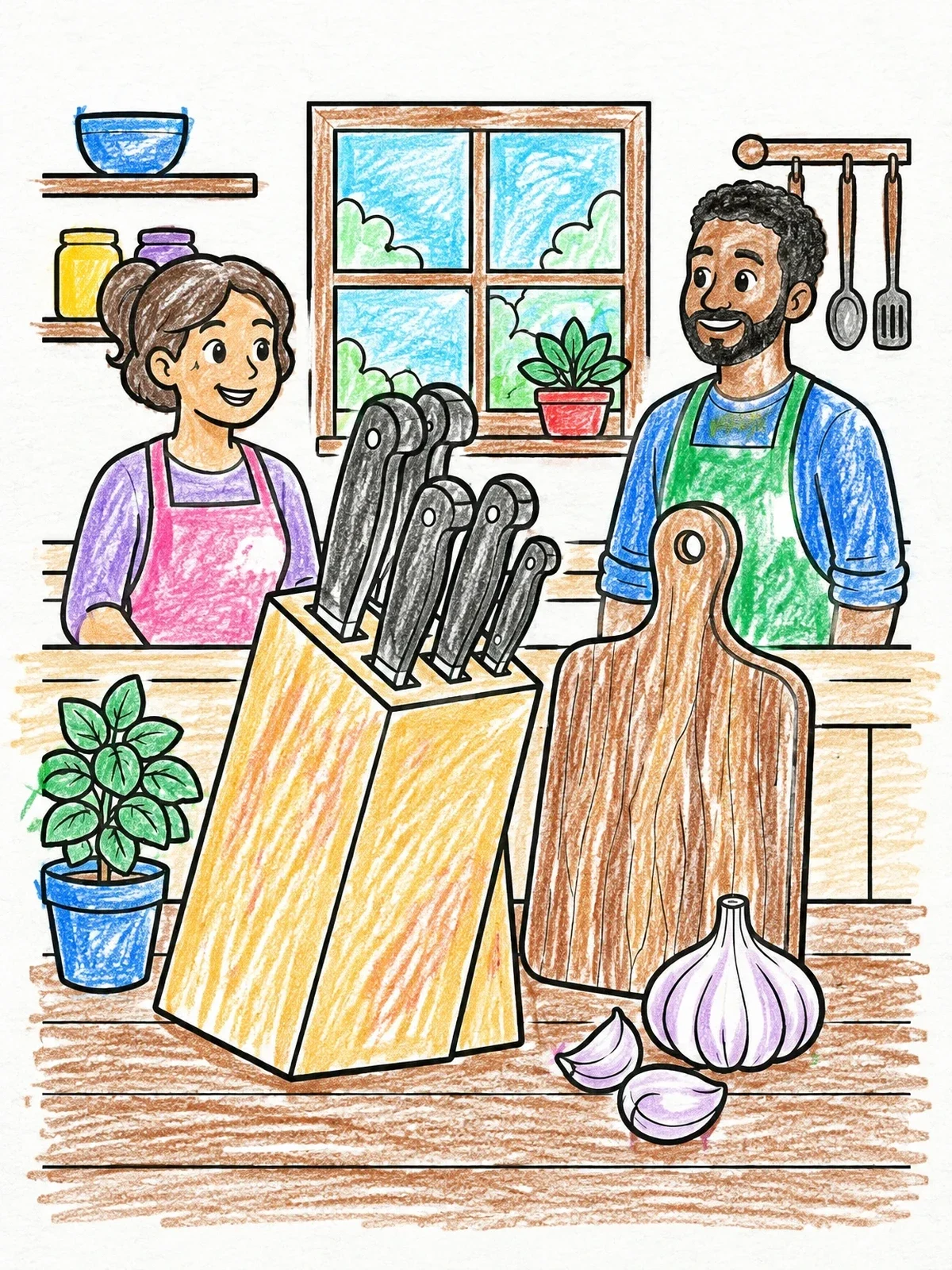 Colored example of the Cozy Kitchen With Knife Block And Cutting Board coloring page