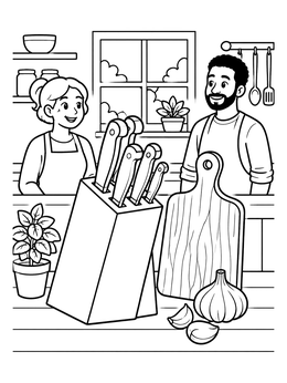 Free printable Cozy Kitchen With Knife Block And Cutting Board coloring page