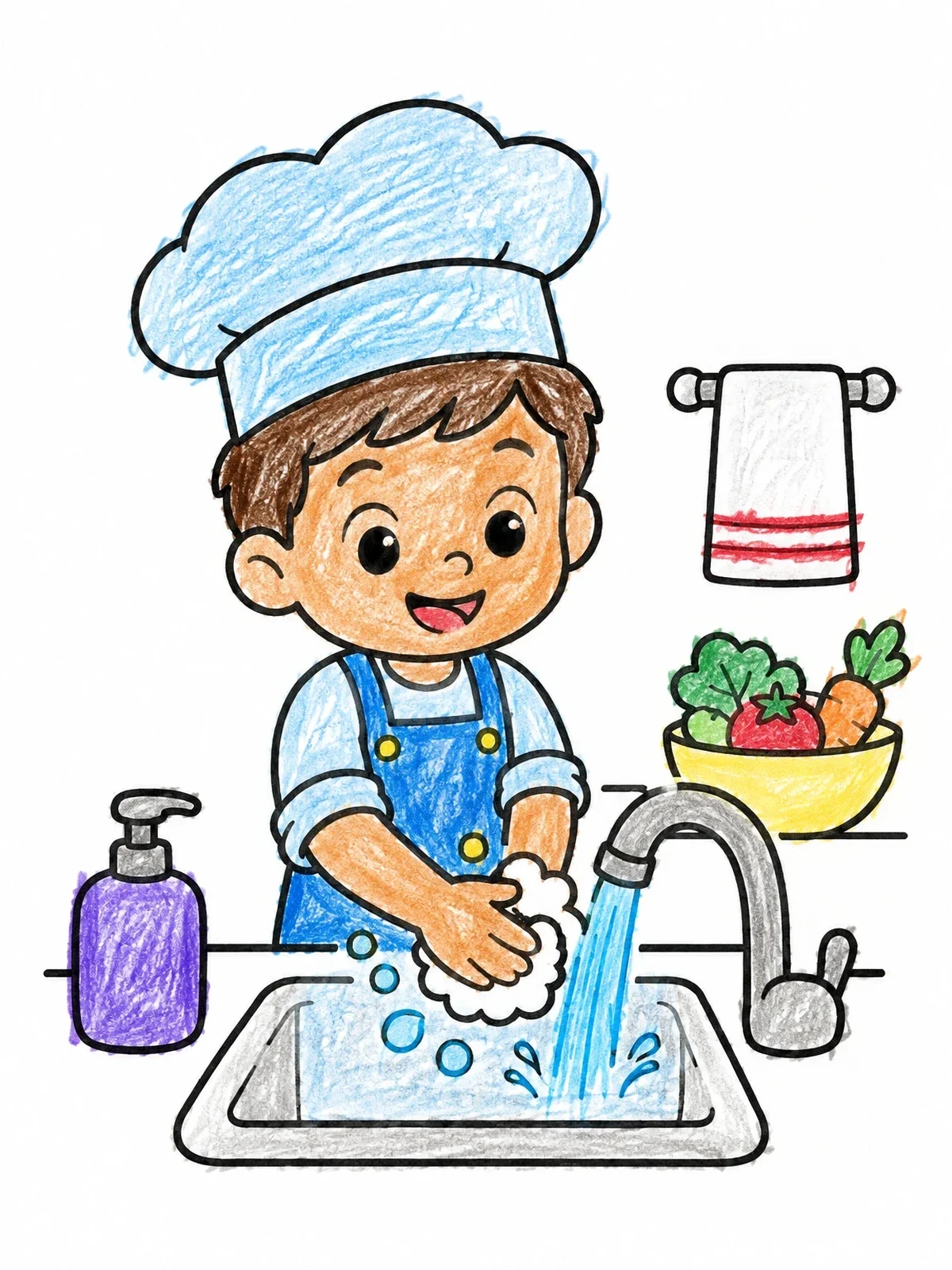 Colored example of the Little Chef Washing Hands coloring page
