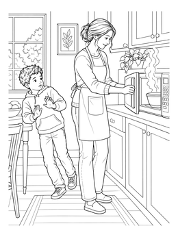 A woman opening a steamy microwave while a boy steps back in this kitchen coloring page.
