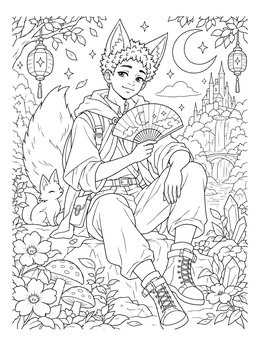 A kitsune boy cute anime coloring page with a folding fan, small fox, and fantasy landscape.