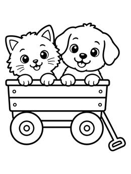 A cheerful puppy and kitten coloring page riding together in a little wagon.