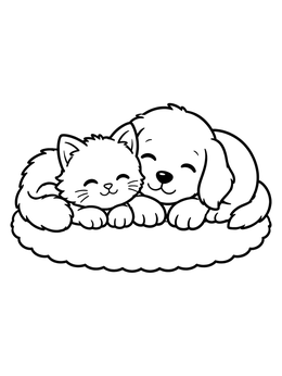 A fluffy puppy and kitten coloring page showing the two friends snuggling together on a soft cushion.