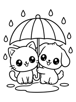 A cute kitten coloring page with a puppy sharing an umbrella in the rain.