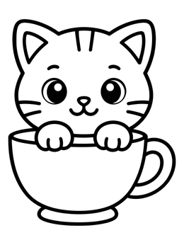 A sweet kitten coloring page featuring a cartoon cat inside a teacup.
