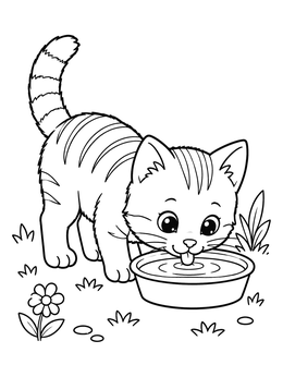 A sweet kitten coloring page featuring a striped kitty lapping water outside.