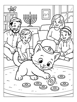 Free printable Playful Kitten With Hanukkah Gelt coloring page