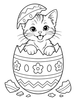 An easter cat coloring page of a happy kitten popping out of a decorated cracked egg.
