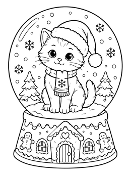 A festive christmas kitten coloring page showing a cute cat inside a decorative snow globe.