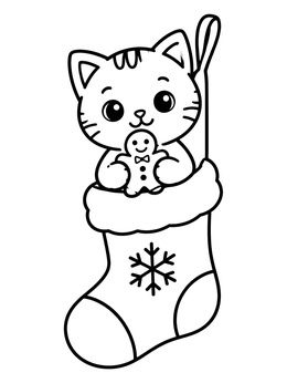 A sweet christmas kitten coloring page featuring a cat in a stocking holding a gingerbread man.