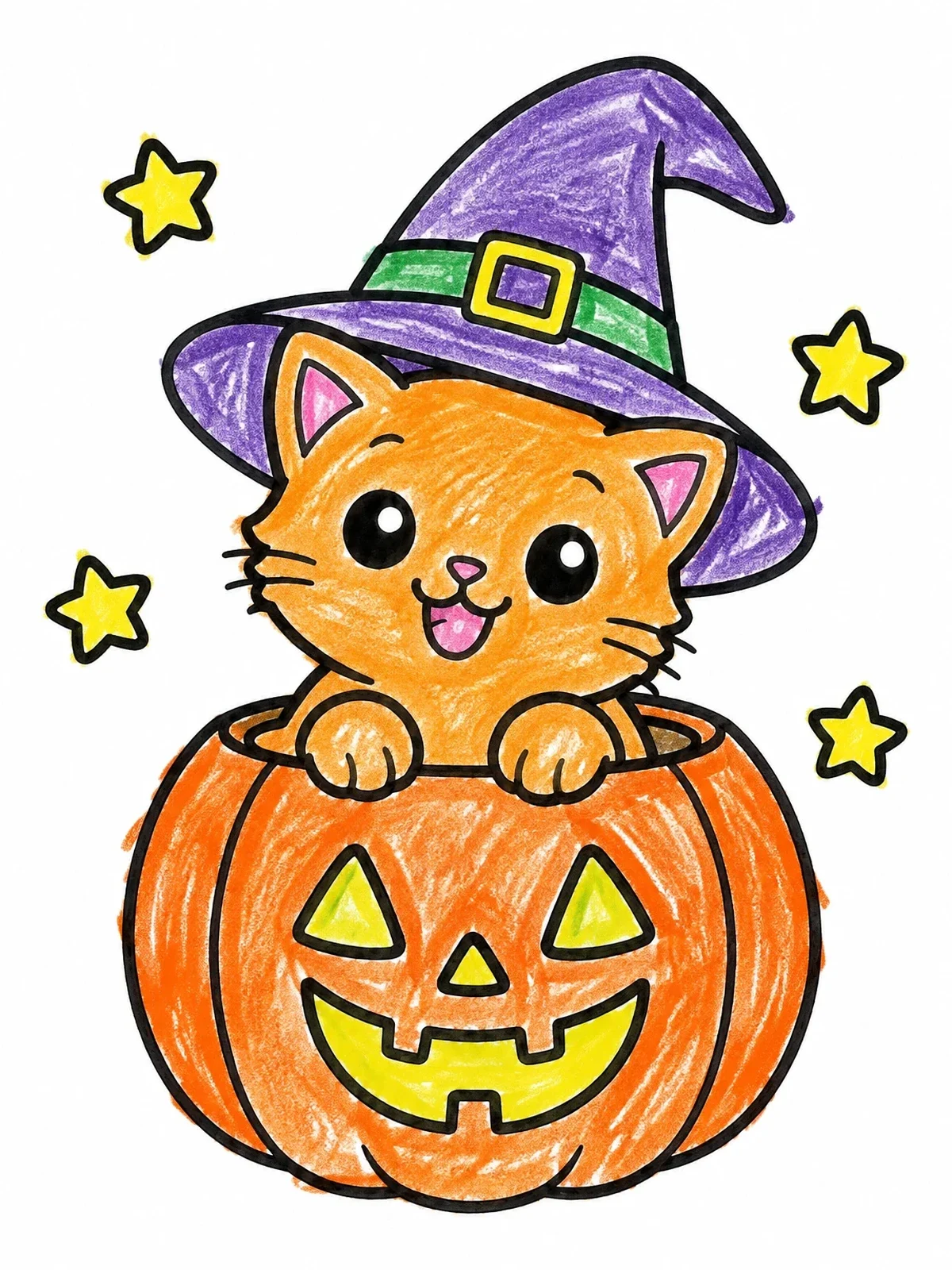 Colored example of the Kitten In A Halloween Pumpkin coloring page