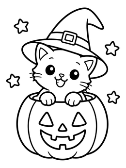 Free printable Kitten In A Halloween Pumpkin coloring page