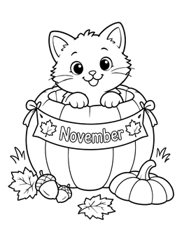 A cute kitten sitting in a pumpkin banner on this november coloring page.