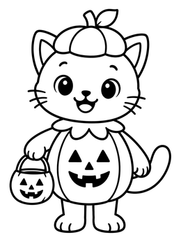 A sweet kitten coloring page featuring a cat dressed in a pumpkin costume holding a treat bucket.