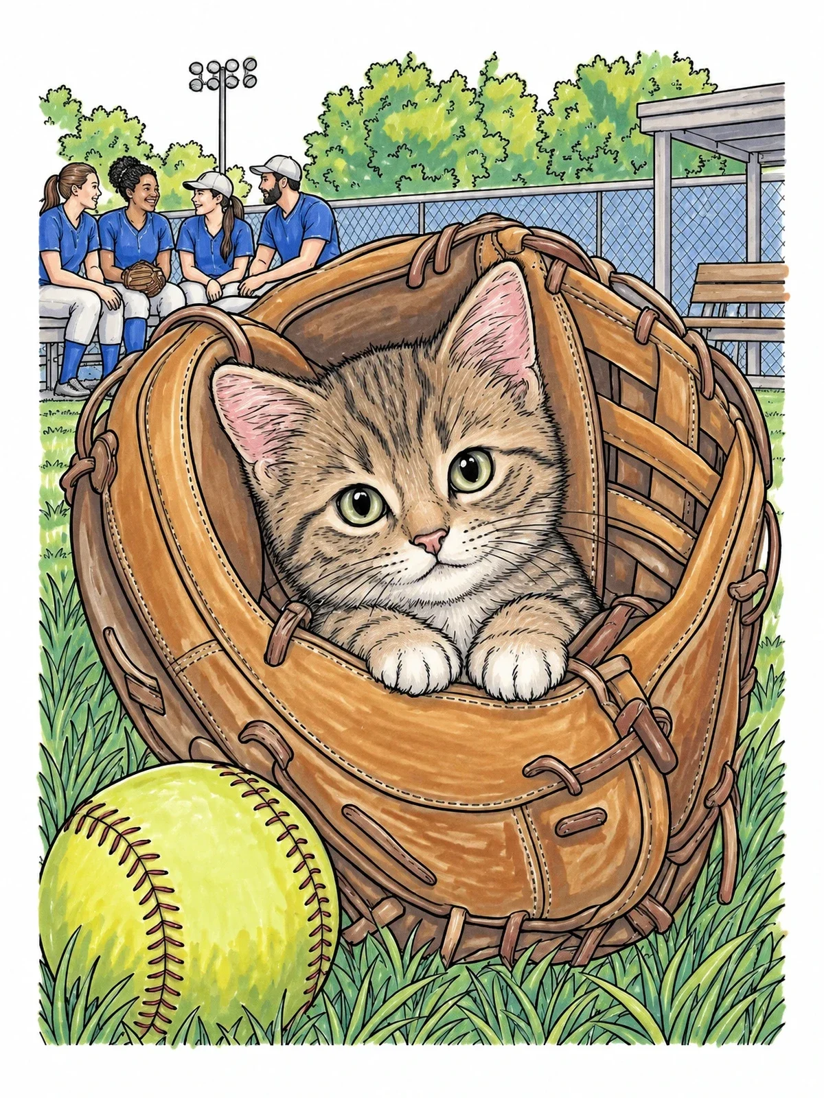 Colored example of the Kitten Resting In Softball Glove coloring page