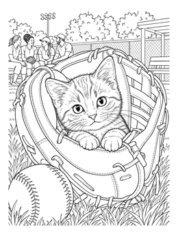 A sweet softball coloring page with a kitten sitting inside a catcher's mitt on the field.