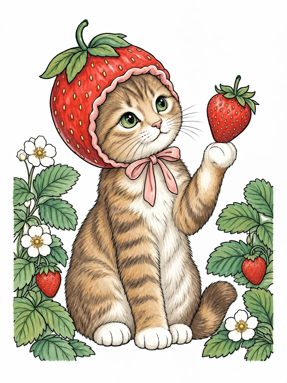 Colored example of the Kitten Wearing A Strawberry Bonnet coloring page