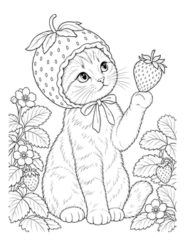 A sweet kitten in a bonnet holds up fruit in this strawberry coloring page.