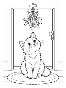 A sweet mistletoe coloring page showing a fluffy kitten sitting on a rug and looking up at hanging holiday greens.