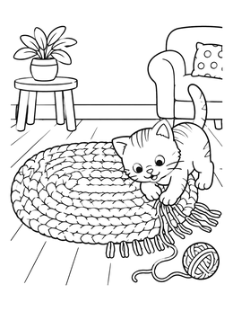 A playful kitten tugs yarn fringes on an oval rug coloring page in a cozy room.