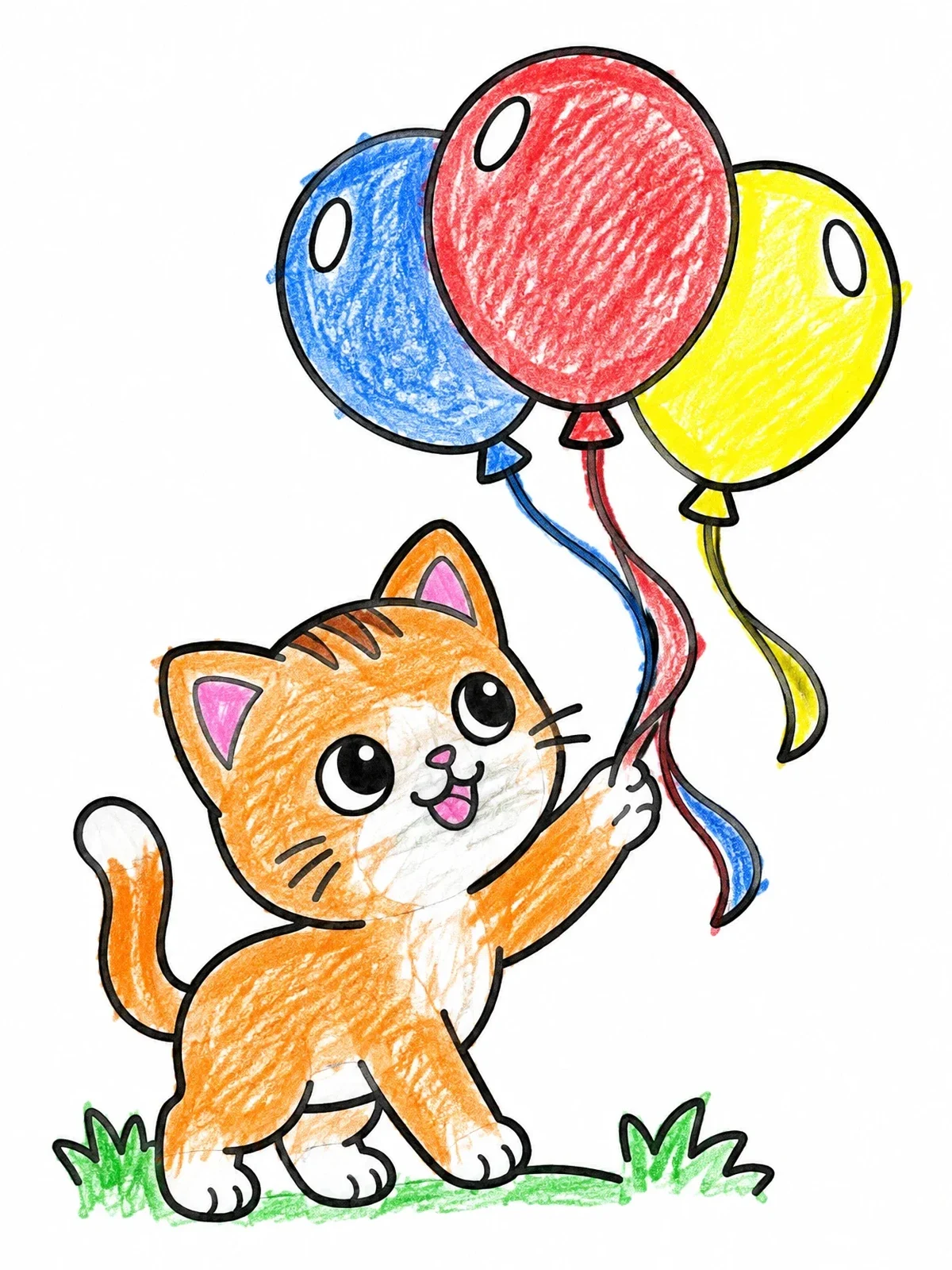 Colored example of the Playful Kitten With Floating Balloons coloring page