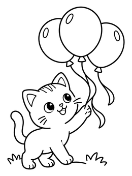 Free printable Playful Kitten With Floating Balloons coloring page
