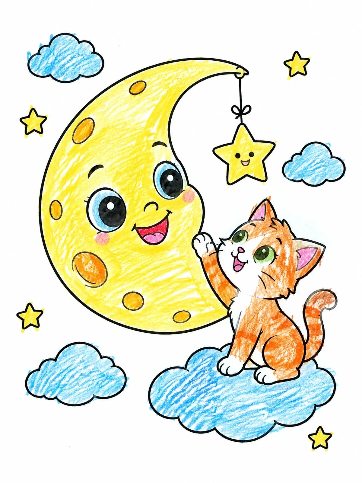 Colored example of the Kitten Playing With Crescent Moon coloring page