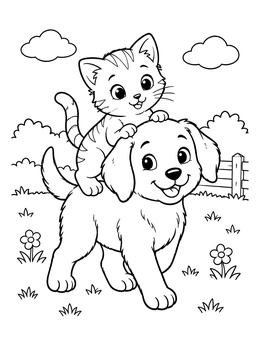 A cheerful puppy walks outdoors carrying a sweet kitten coloring page design.