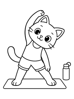 A cute kitten coloring page shows a cat doing a side stretch on a mat next to a water bottle.