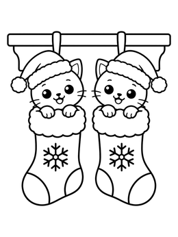 Two smiling kittens in Santa hats hang inside socks in this christmas kitten coloring page.