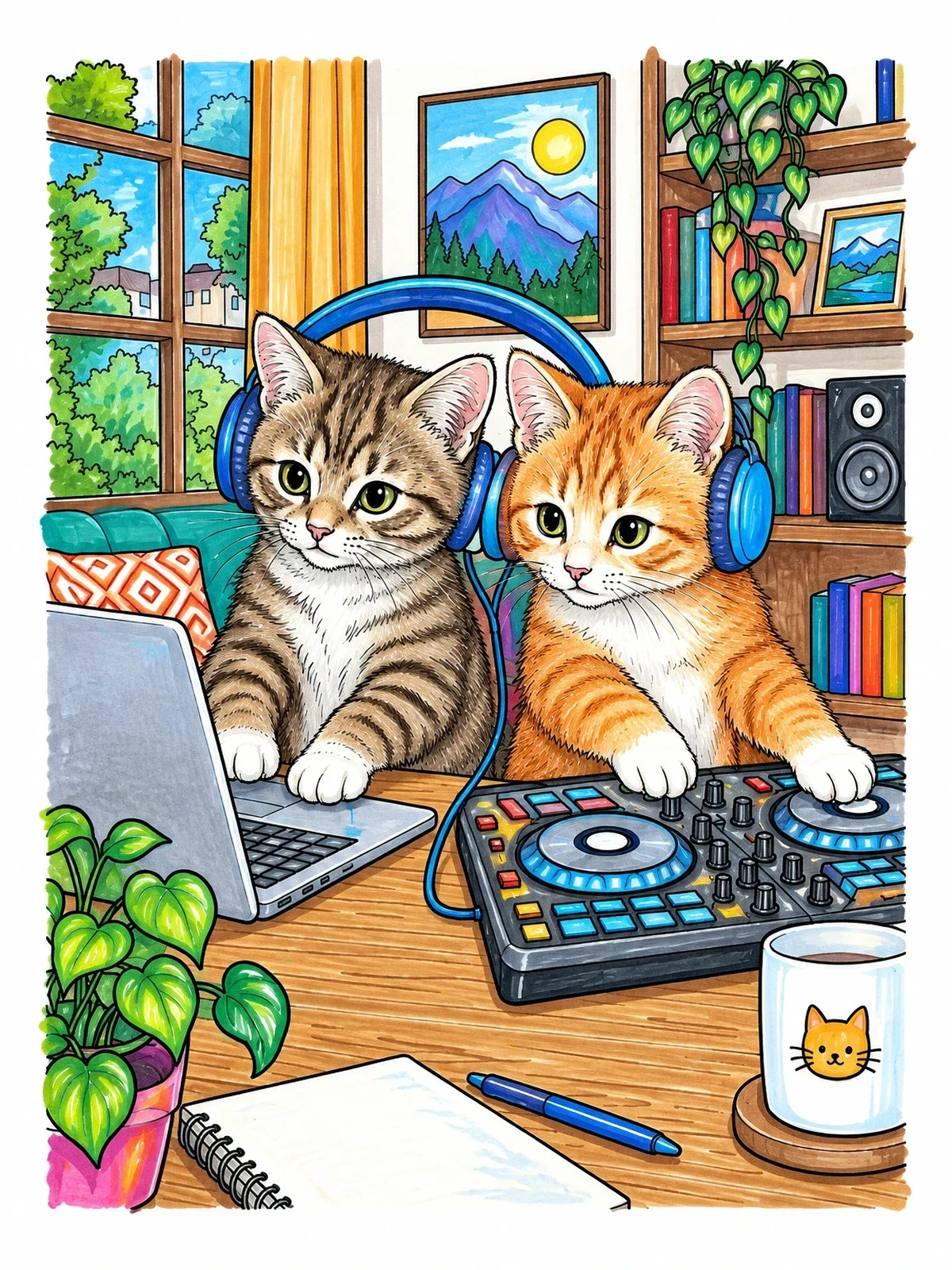 Colored example of the Kittens Mixing Music At The Dj Desk coloring page