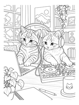 Free printable Kittens Mixing Music At The Dj Desk coloring page