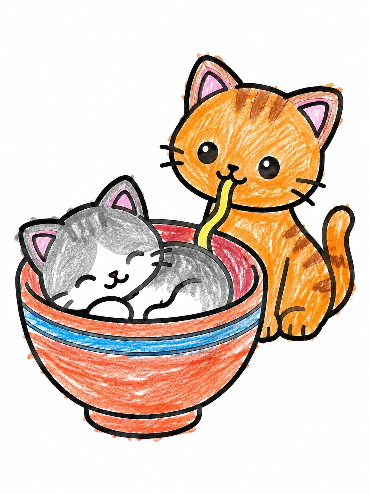 Colored example of the Kittens With A Ramen Bowl coloring page