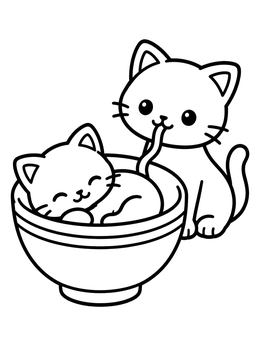 A kitten sleeps inside a bowl while another eats a noodle on this cute ramen coloring page.