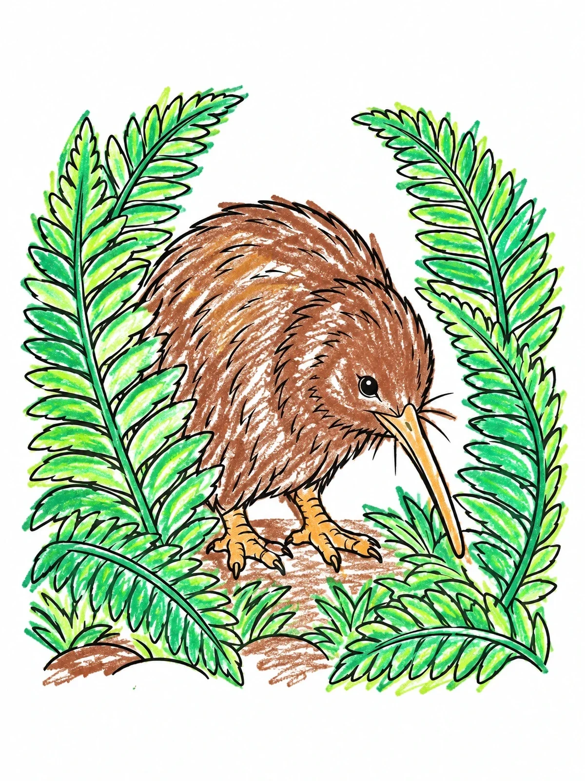 Colored example of the Kiwi Bird Among Fern Fronds coloring page