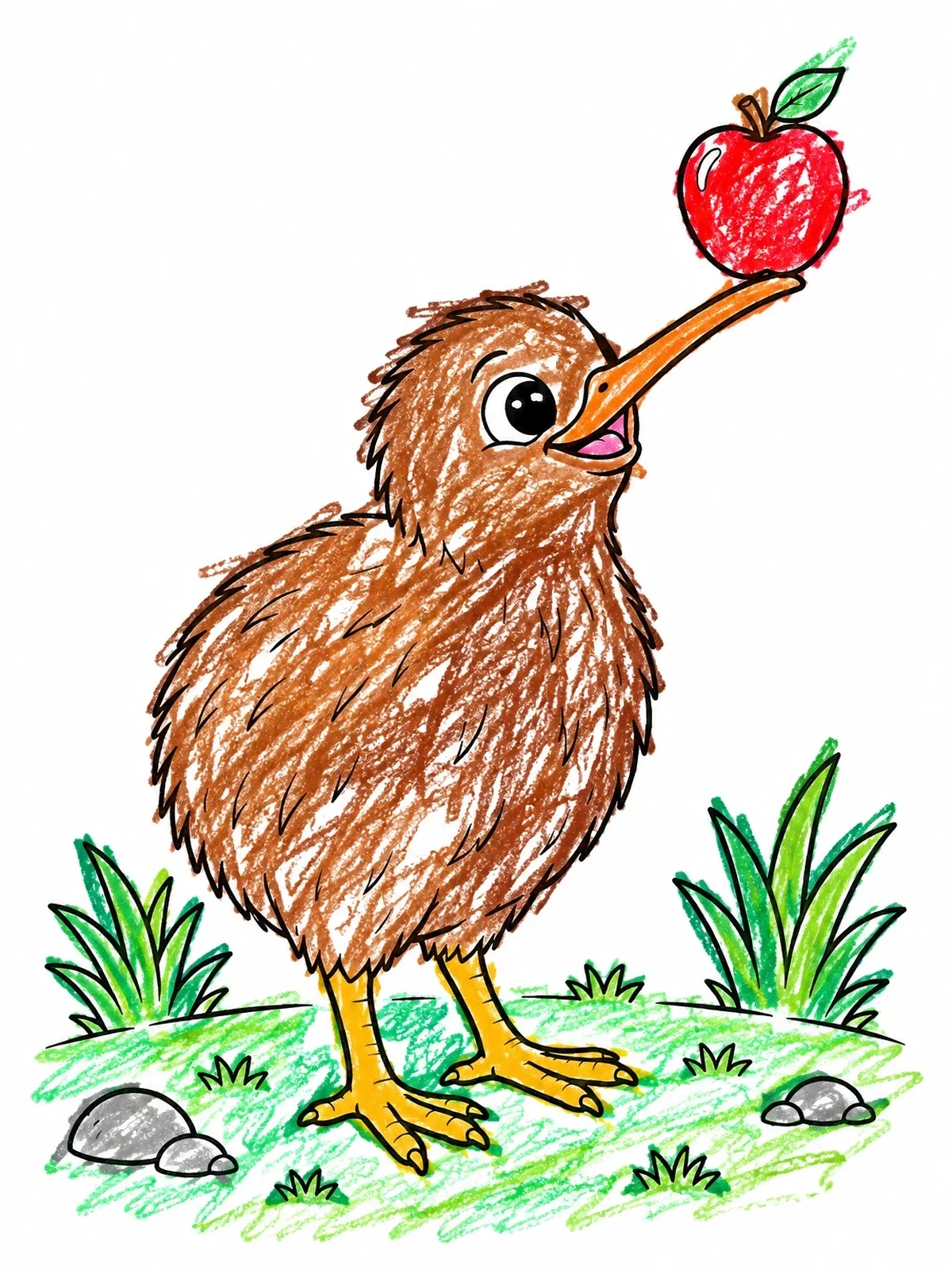 Colored example of the Kiwi Bird Balancing An Apple coloring page