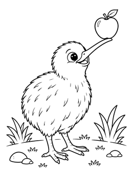 Free printable Kiwi Bird Balancing An Apple coloring page