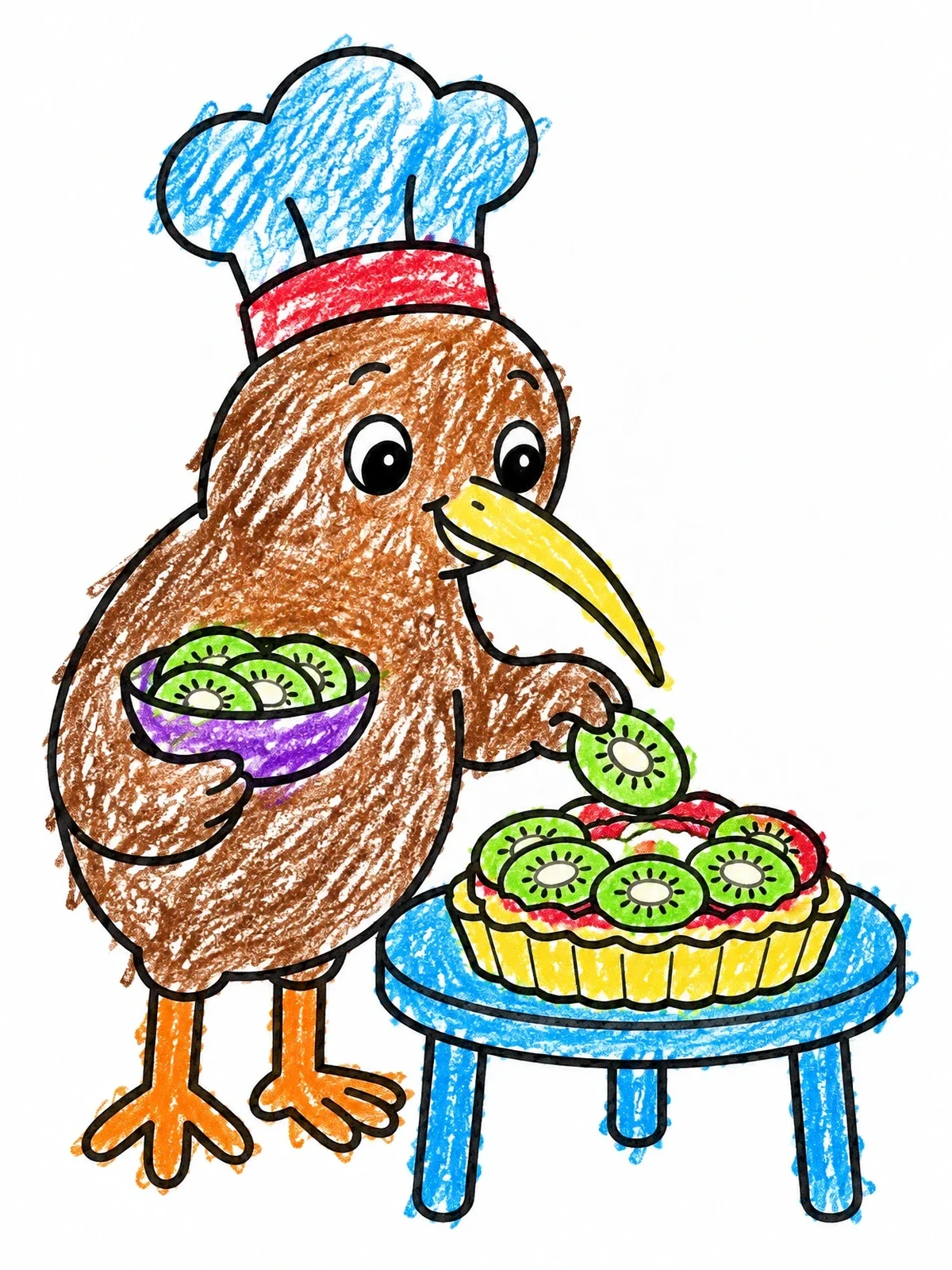 Colored example of the Kiwi Bird Baking A Fruit Tart coloring page