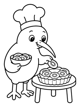 Free printable Kiwi Bird Baking A Fruit Tart coloring page