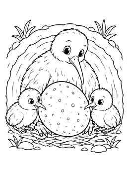Free printable Kiwi Bird Family With Egg coloring page