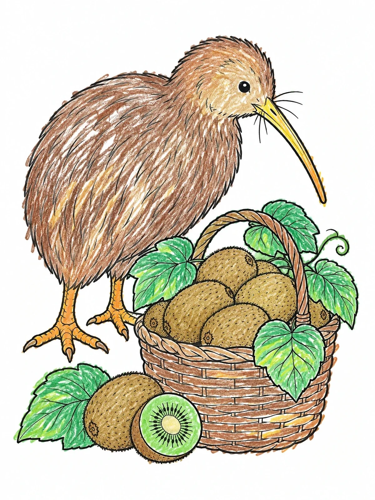 Colored example of the Kiwi Bird With Fruit Basket coloring page