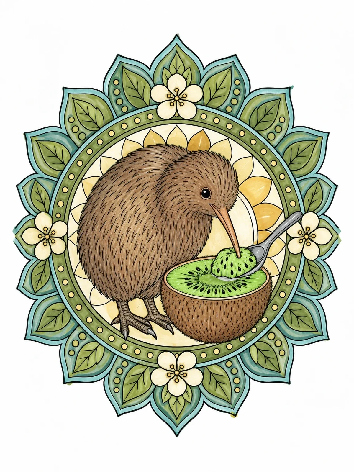 Colored example of the Kiwi Bird With Fruit Mandala coloring page