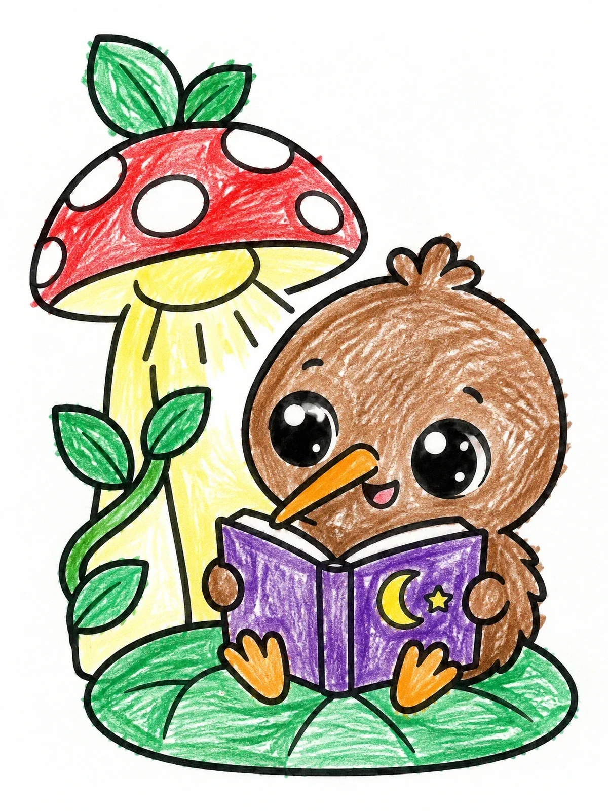 Colored example of the Kiwi Bird Reading Under Mushroom Lamp coloring page
