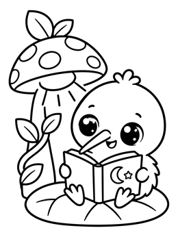Free printable Kiwi Bird Reading Under Mushroom Lamp coloring page