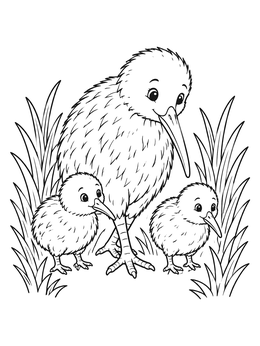 Free printable Kiwi Bird With Fluffy Chicks coloring page